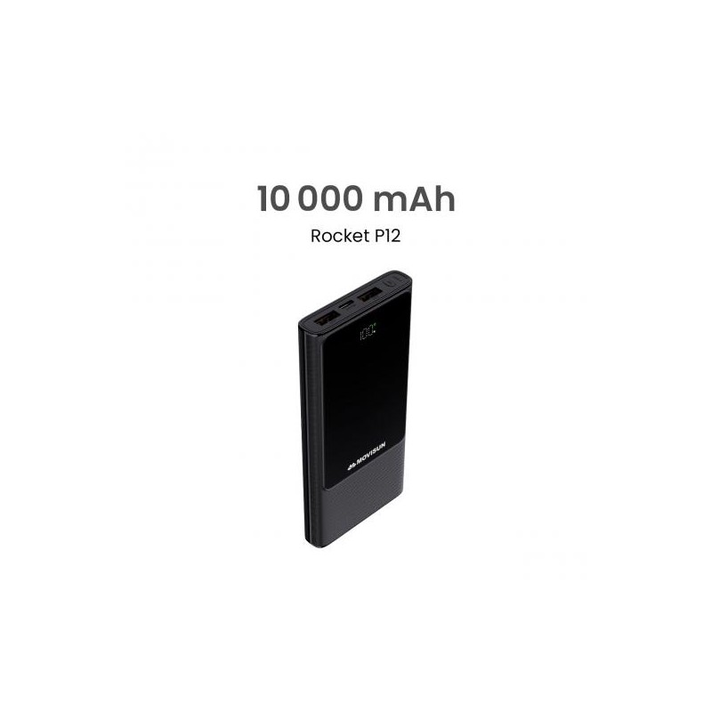 Power Bank MOVISUN Rocket P12 10000mAh – Carga rápida PD/QC, 3 salidas, pantalla LED, negro